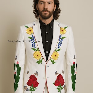 Men&#39;s White Bespoke 2Pc Floral Cactus Flower Embroidered With Piping Country Western Suit Cocktail Wedding Day Cowboy Prom Party Outfit
