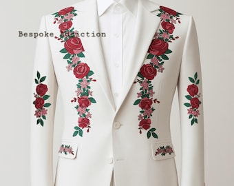 Traje de 2 piezas color marfil para hombre, personalizado, con flores y rosas bordadas, estilo retro vintage, estilo country western, para cóctel, boda y novio.