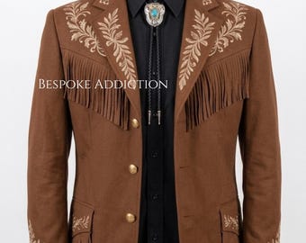 Men 2Pc Brown Custom Made Floral Vines Embroidered Country Western Vintage Style Cowboy Fringe Nudie Suit Groom Wedding Stage Rodeo Outfit