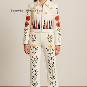 Women Off White Customize 2Pc Flower Leaf Vines Embroidered Zipper Country Western Nudie Suit Wedding Bride Party Boho Hippie Formal Outfit