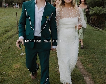 Men Greenish Blue 2Pc Customized White Piping Embroidered Vintage Style Cocktail Country Western Suit Cowboy Wedding Day Prom Party Outfit
