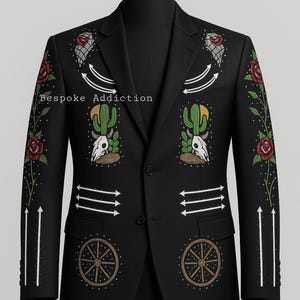 Men Black 2Pc Customized Cactus Wheels Embroidered Rhinestones Vintage Country Western Nudie Suit Smiley Pockets Cowboy Wedding Party Outfit