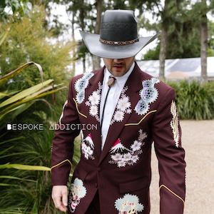 Men Black 2Pc Customized Flower Skeleton Embroidered Rhinestones Country Western Nudie Suit Cocktail Groom Party Events Wedding Outfit