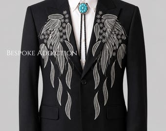 Men Black 2Pc Custom Made Floral Embroidered Country Western Nudie Suit Retro Prom Music Concert Event Rockabilly Wedding Groom Outfit