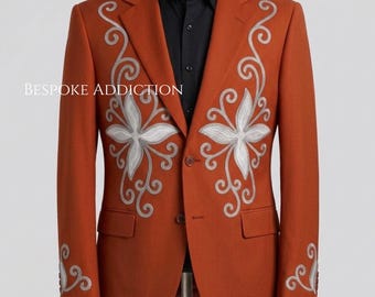 Men 2Pc Rust Orange Custom Made Floral Flower Embroidered Country Western Nudie Suit Retro Vintage Cowboy Prom Party Wedding Groom Outfit