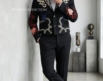 Men 2Pc Black Custom Embroidery Country Western Vintage Nudie Suit Cowboy Party Groom Wedding Outfit
