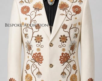 Men 2Pc Ivory Custom Made Flower Leaf Embroidered Country Western Nudie Suit Cocktail Vintage Cowboy Wedding Groom Cocktail Event Outfit