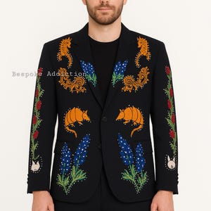 Men Black Cowboy 2Pc Customized Rose Leaf & Bird Embroiderey With Rhinestones Country Western Nudie Suit Wedding Day Dinner Party Attire