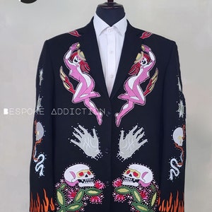 Men Black 2Pc Cowboy Country Western Nudie Suit Skeleton Floral Embroidered With Rhinestone High Waist Pant Cocktail Wedding Party Attire