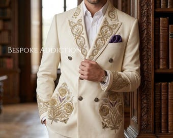 Men 2Pc Ivory Customised Floral Embroidery Country Western Nudie Suit Cowboy Vintage Cocktail Wedding Groom Outfit