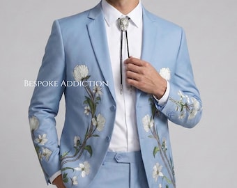 Men 2Pc Sky Blue Customised Flower Vines Embroidered Country Western Nudie Suit Cowboy Retro Vintage Cocktail Wedding Party Groom Outfit