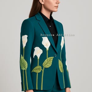 Women Green 2Pc Customized Floral Flower & Leaf Embroidered Tuxedo Country Western Nudie Suit Cocktail Wedding Day Party Boho Hippie Outfit