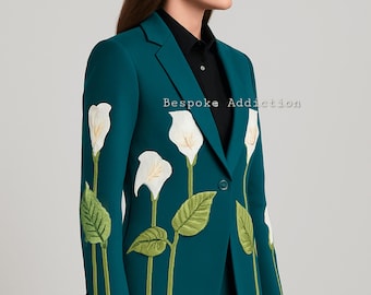 Women Green 2Pc Customized Floral Flower & Leaf Embroidered Tuxedo Country Western Nudie Suit Cocktail Wedding Day Party Boho Hippie Outfit