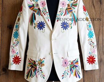Men 2Pc White Embroidered Floral Suit Colorful Bird Flower Country Western Boho Wedding Customised Cowboy Mexican Style Nudie Suit Outfit