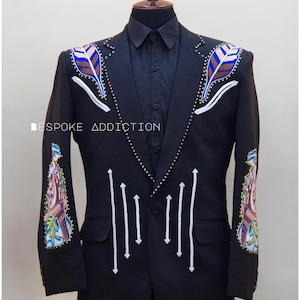 Men Black 2Pc Customized Floral Eagle Embroidered With Golden Rhinestone Country Western Nudie Suit Cowboy S Pocket Wedding Day Party Attire