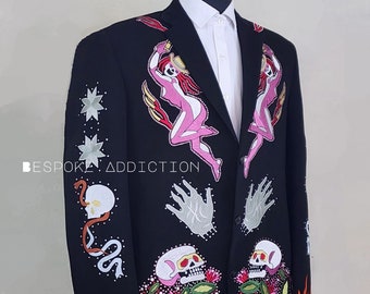 Men Black Cowboy Country Western Nudie Suit Skeleton Floral Embroidered Rhinestone High Waist Pant Cocktail Wedding Party 2Pc Formal Attire