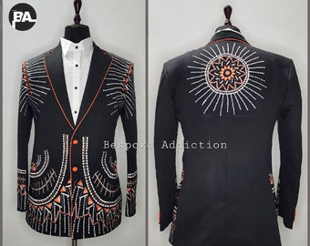 Men's Black 2Pc Customized Country Western Suit Floral Embroidered With Piping Designer Tuxedo Retro Wedding Day Prom Party Hippie Outfit