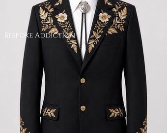 Men 2Pc Black Customised Floral Flower Embroidered Country Western Nudie Suit Cocktail Retro Vintage Cowboy Party Prom Wedding Groom Outfit
