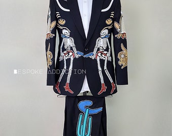 Men's Black 2Pc Country Western Suit Custom Made Cowboy Skeleton Floral Embroidered With Rhinestone Cotton Pantsuit Wedding Cocktail Attire