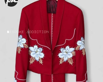 Men Red 2Pc Bespoke Floral Flower Embroidered Rhinestone & Piping Vintage Country Western Suit Cowboy Wedding Cocktail Party Rockstar Outfit