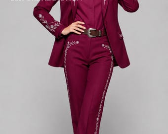 Women Pink 2Pc With Shirt Custom Made Floral Flower Embroidered Country Western Vintage Style Cowboy Nudie Suit Bride Prom Wedding Outfit