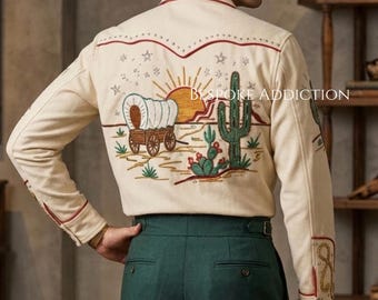 Men Customised Floral Cactus Embroidery Country Western Ranch Wear Rodeo 2Pc Shirt With Gurkha Pant Retro Luxury Wedding Party Cowboy Outfit