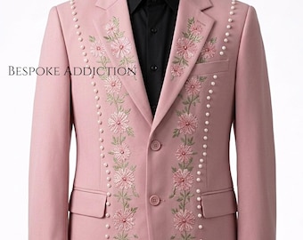 Women 2Pc Pink Customised Floral Embroidered Pearls Western Nudie Suit Bespoke Designer Wedding Outfit