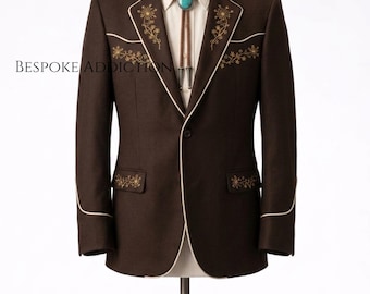 Men 2Pc Brown Customized Floral Vines Embroidery Piping Country Western Nudie Suit Vintage Cowboy Prom Party Cocktail Groom Wedding Outfit