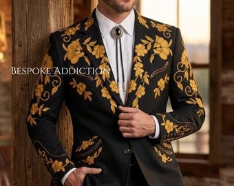 Men 2Pc Black Custom Made Floral Flower Embroidered Smiley Pockets Country Western Nudie Suit Cocktail Vintage Cowboy Wedding Groom Outfit