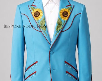 Men 2Pc Sky Blue Custom Made Floral Flower Embroidered Rhinestone Country Western Vintage Style Nudie Suit Cowboy Piping Tuxedo Wedding Set