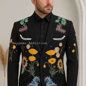 Men Black 2Pc Customized Floral Bird Flower Embroidered Rhinestones Western Suit Smiley Pockets Cocktail Groom Wedding Prom Party Outfit