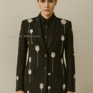 Women Black Customized Western Coat Crystal Hand Embellished Premium Cotton Wedding Bridesmaid Cocktail Style Bride Prom Party Blazer