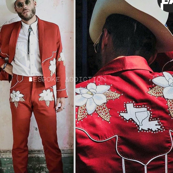 Men's Red 2Pc Bespoke Vintage Chainstitch Embroidered Rhinestone Piping Country Western Suit Designer Cowboy Prom Wedding Cocktail Party Set