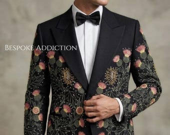 Men 2Pc Black Customised Flower Vines Embroidered Rhinestones Country Western Nudie Suit Cowboy Vintage Cocktail Wedding Party Groom Outfit
