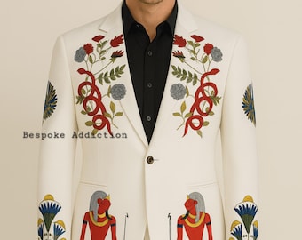 Traje de esmoquin estilo country western para hombre, de 2 piezas, en blanco roto, con bordado de serpiente y guardia egipcia, estilo retro, para fiesta, cóctel, boda, novio