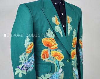 Women 2pc Green Bespoke Chainstitch Floral Flower Leaf Vines