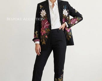 Women 2Pc Black Customized Floral Embroidered Rhinestones Western Nudie Suit Country Cowgirl Wedding Bride Outfit