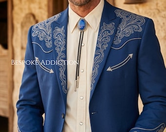 Traje de hombre de 2 piezas azul vaquero personalizado con ribete bordado paisley, estilo country western, para cóctel, fiesta, graduación, boda o novio.
