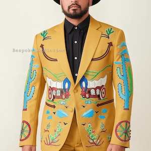 Men Yellow 2Pc Customized Vintage Country Western Suit Floral Train Cactus Wheele Embroidered Rhinestones Party Wedding Day Cowboy Outfit