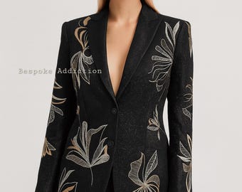 Women 2Pc Sparkle Black Bespoke Floral Flowers Embroidered Country Western Nudie Suit Retro Cocktail Party Vintage Wedding Bride Outfit