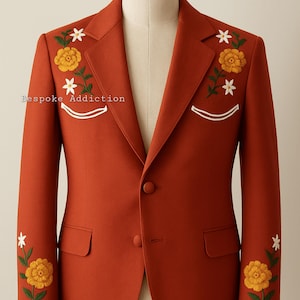 Men Rust Orange 2Pc Custom Made Floral Flower Embroidered Vintage Smiley Pockets Country Western Suit Cowboy Wedding Theme Party Attire