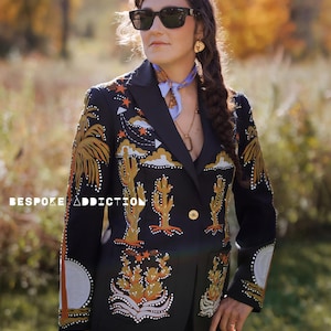 Women Black 2Pc Bespoke Cactus & Tree Embroidered Rhinestone Western Nudie Suit Smiley Pocket Wedding Day Bride Bridesmaid Hippie Party Set
