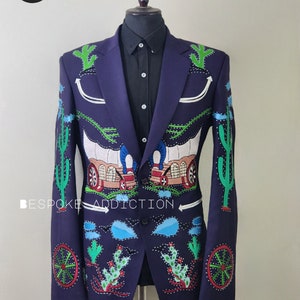 Men Purple 2Pc Customized Vintage Country Western Suit Floral Train Cactus Wheel Embroidered Rhinestones Party Wedding Day Cowboy Wear Set