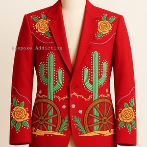 Men Red Cowboy 2Pc Customized Cactus Wheels Embroidered With Rhinestone Vintage Country Western Nudie Suit Cocktail Wedding Day Party Outfit