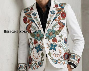 Men 2Pc Off White Customised Embroidered Rhinestones Country Western Suit Cowboy Vintage Cocktail Retro Wedding Party Groom Outfit
