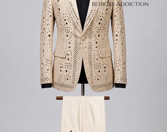Men 2Pc Ivory Customised Vine Hand Embroidered Vintage Country Western Nudie Suit Cowboy Cocktail Party Music Concert Rockabilly Wedding Set