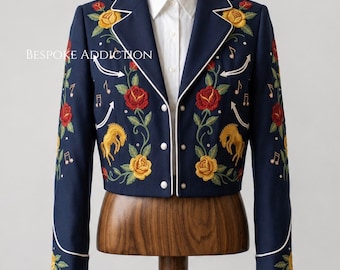 Customised 2 Piece Blue Cowboy Chainstitch Embroidered Piping Western Nudie Suit Smiley Pockets Vintage Party Wedding Day Outfit