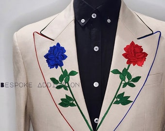 Men Ivory Customized 2Pc Country Western Suit Floral Embroidered Lapel Piping High Waist Trouser Wedding Day Groom Cocktail Prom Party Set