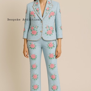 Women Sky Blue 2Pc Customized Rose leaf’s Embroidered With Pearls Country Western Nudie Suit Bride Party Boho Hippie Wedding Day Outfit