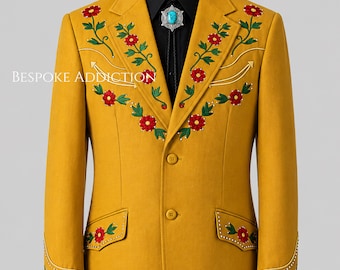 Men 2Pc Yellow Customized Floral Flower Embroidery Rhinestones Country Western Nudie Suit Cocktail Vintage Cowboy Party Wedding Groom Outfit